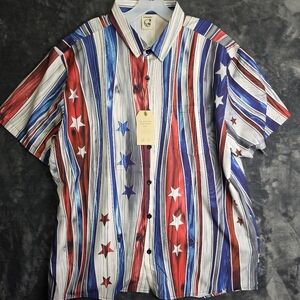 Hardaddy American Flag Striped Chest Pocket Short Sleeve Casual Shirt